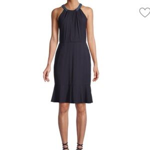 Karl Lagerfeld Beaded Neck Ruffle Hem Dress in Navy Blue size 6